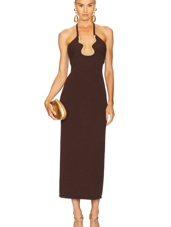 cult gaia Dresses & Skirts - Cult Gaia Valma Java Brown Halter Knit Midi Dress Gold Hardware NWT Size S